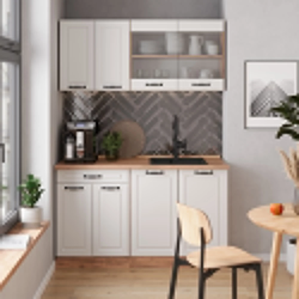 Cuisine en Blanc campagnard/Chêne doré, présenté dans un décor ambiant avec décoration