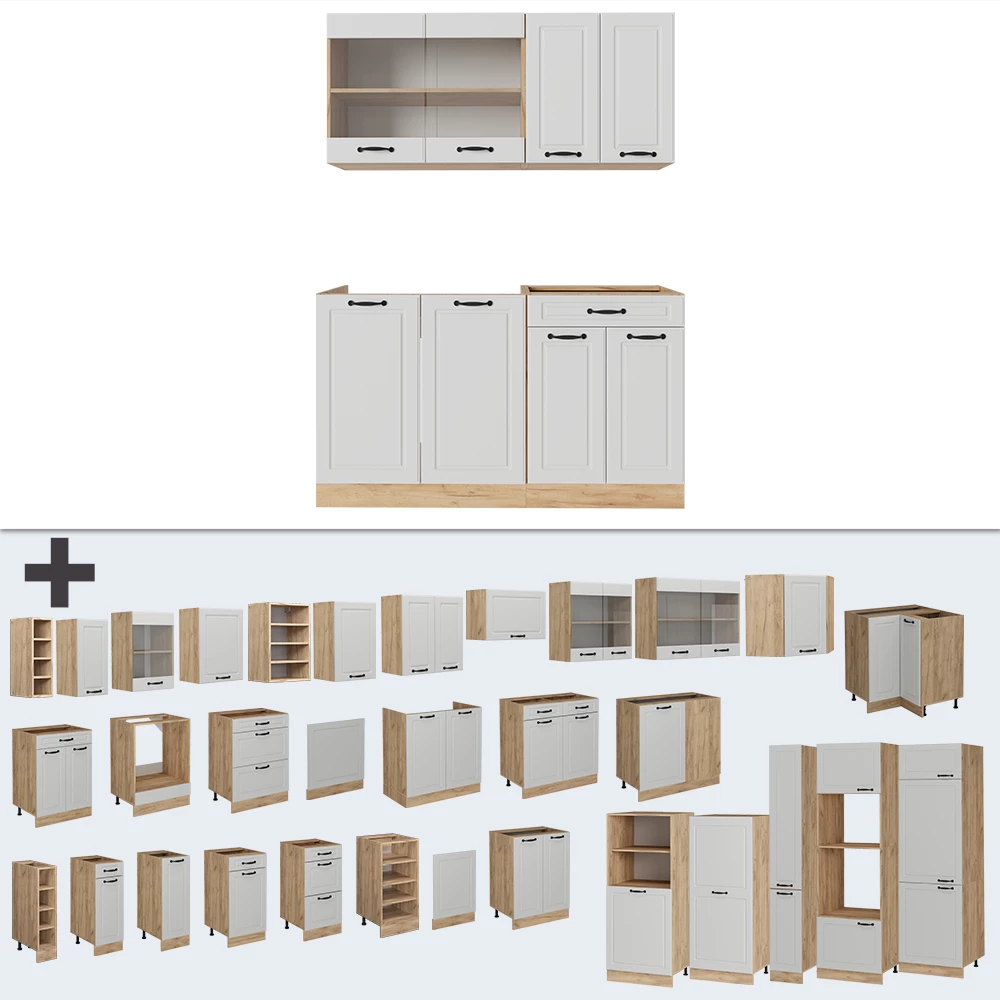 Nahaufnahme von Singleküche in Weiß Landhaus/Goldkraft Eiche, zeigt Design- und Oberflächendetails