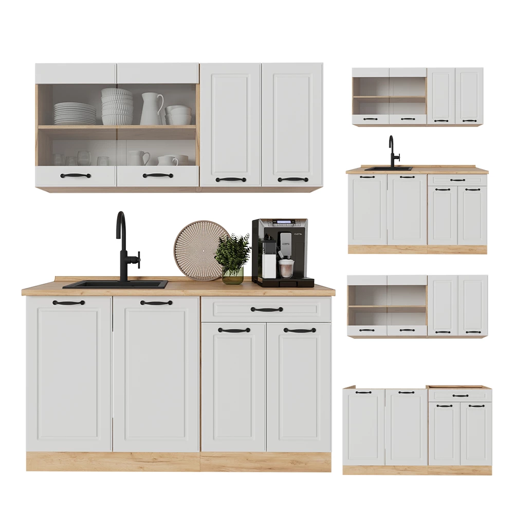 Cuisine en Blanc campagnard/Chêne doré sur fond blanc avec des éléments décoratifs