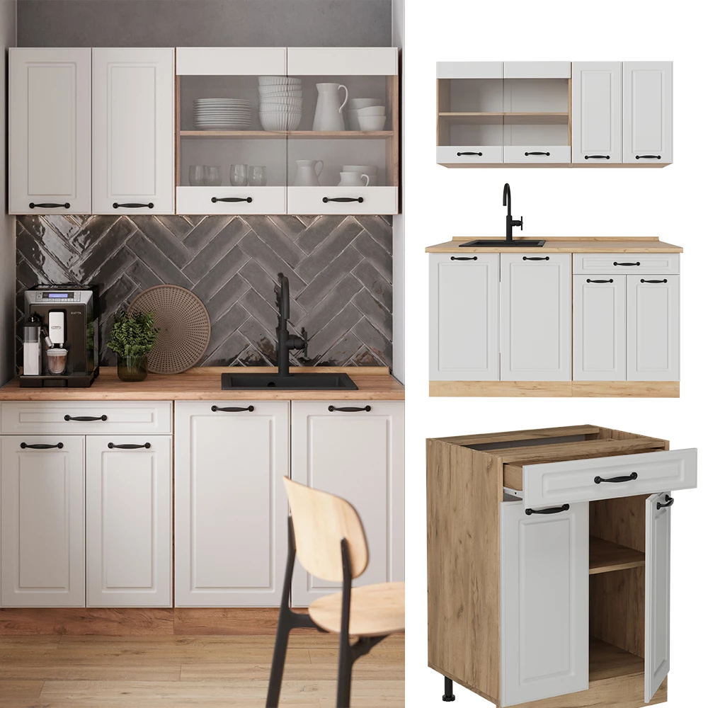 Cuisine R-Line Blanc campagnard/Chêne doré 140cm , PT Anthracite Vicco