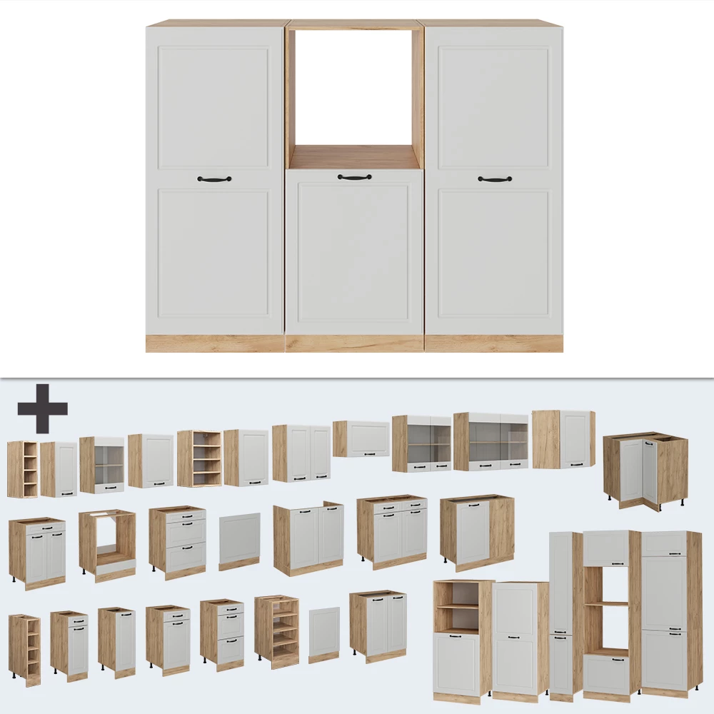 Gros plan de Bloc cuisine en Blanc campagnard/Chêne doré, montrant le design et les détails de surface