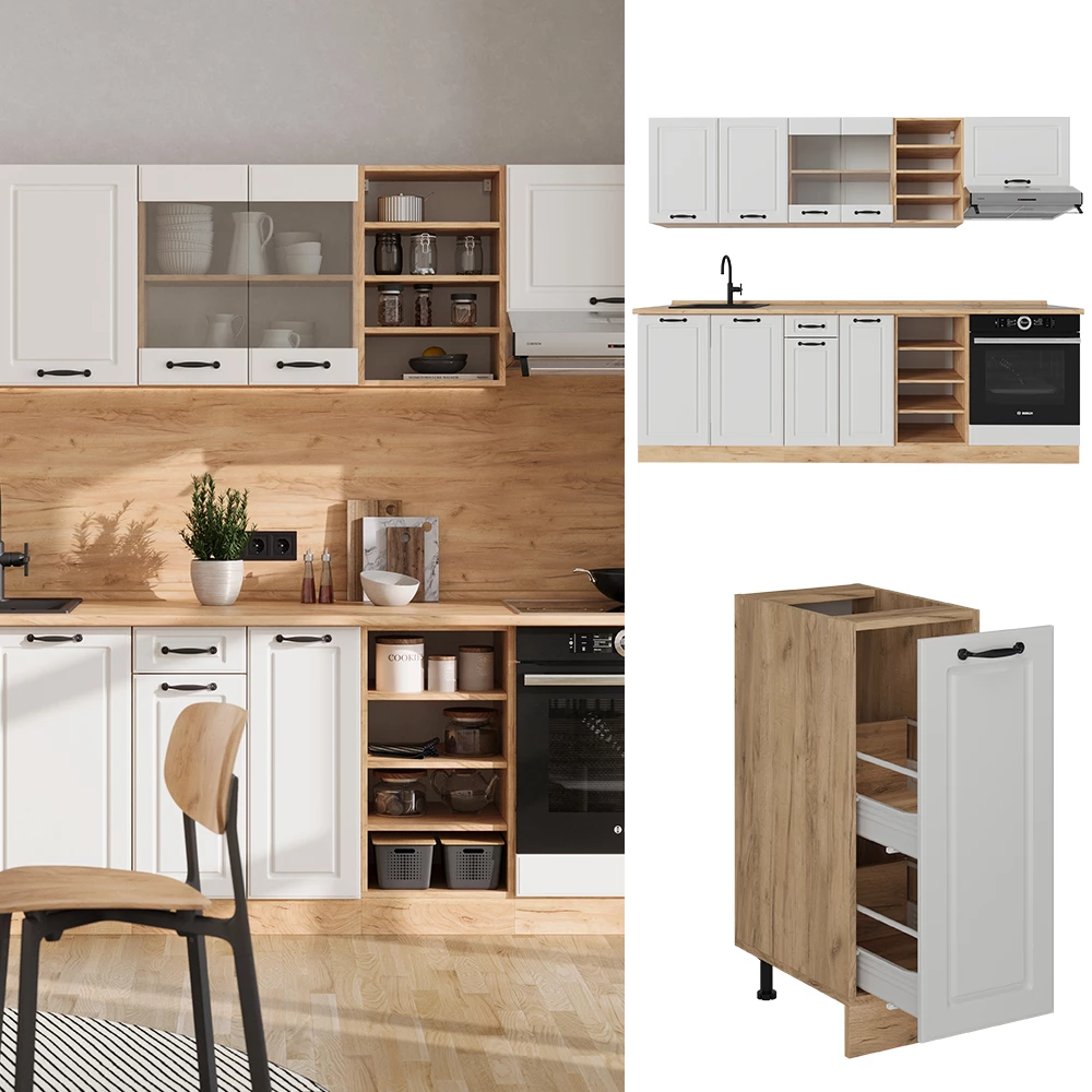 Complete keukeneenheid R-Line Wit landhuis/gouden eik 240 cm , WB Antraciet Vicco