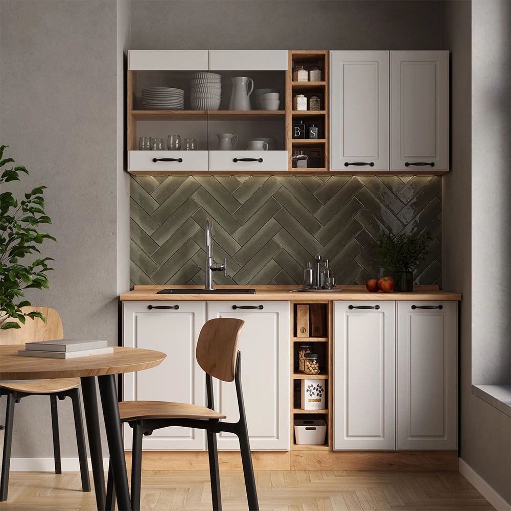 Vicco Cucina completa Casa di campagna bianca/quercia dorata 160 cm senza piano di lavoro, R-Line