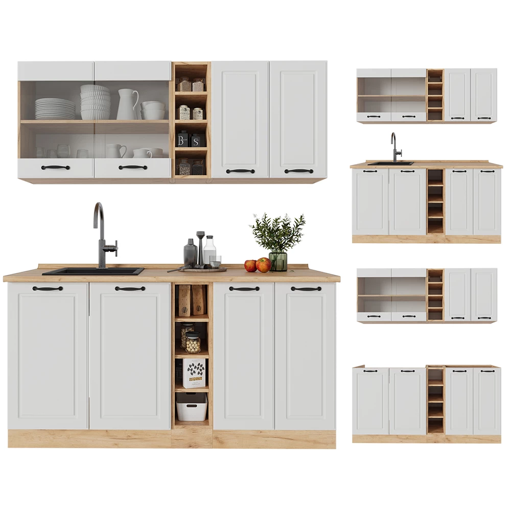 Eenpersoonskeuken in Wit landhuis/gouden eik on white background with decorative elements