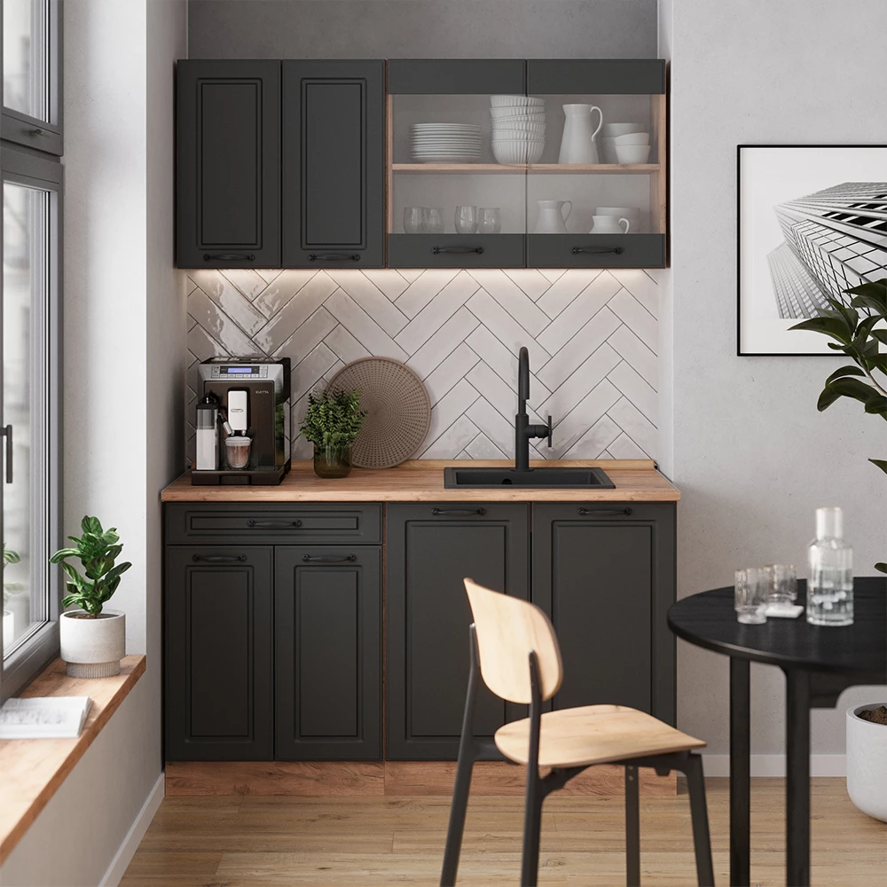 Pojedyncza kuchnia w kolorze Antracytowy dom wiejski/złoty dąb na białym tle