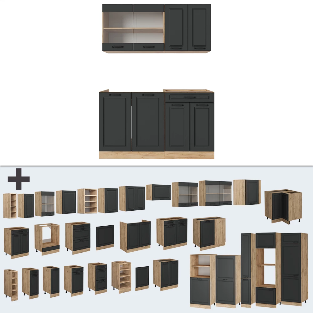 Nahaufnahme von Küchenzeile in Anthrazit Landhaus/Goldkraft Eiche, zeigt Design- und Oberflächendetails