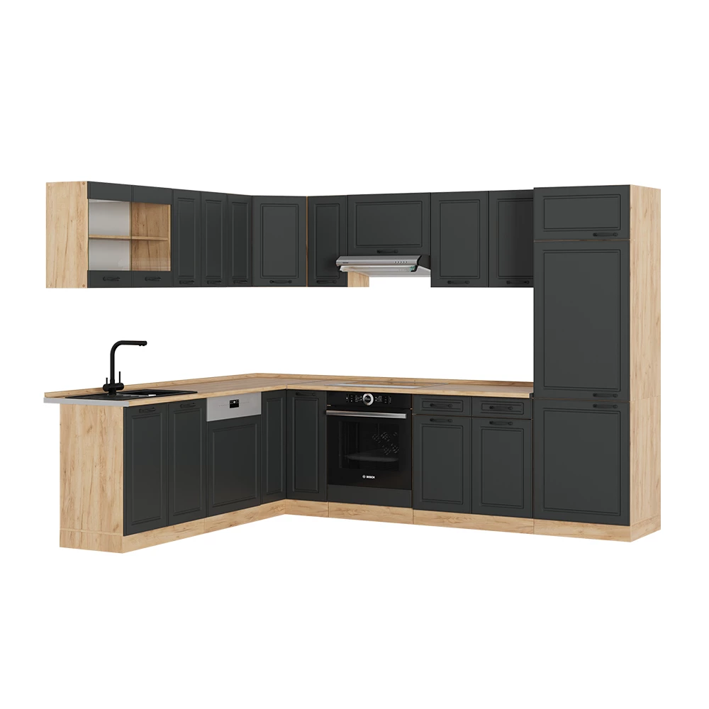 Cucina angolare completa in Antracite casa di campagna/rovere dorato su sfondo bianco