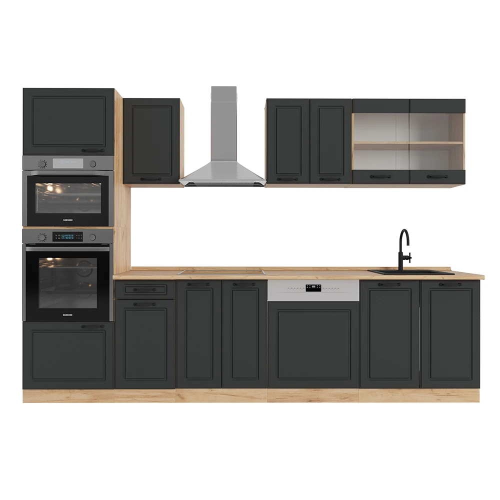 Vicco Kitchenette Anthrazit Landhaus/Goldkraft Eiche 300cmcom armário alto, carvalho AP, R-Line