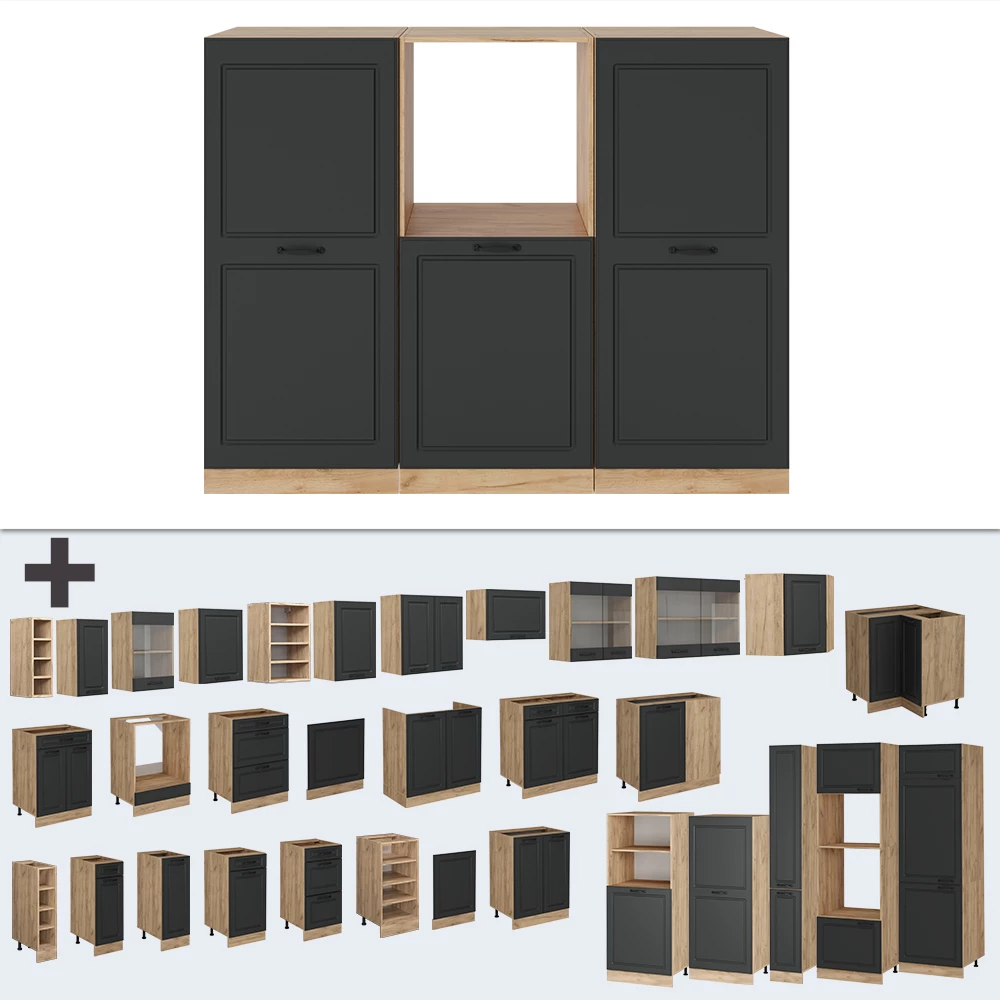 Nahaufnahme von Küchenblock in Anthrazit Landhaus/Goldkraft Eiche, zeigt Design- und Oberflächendetails