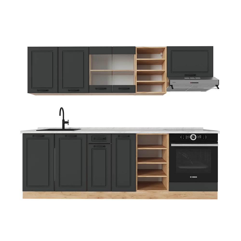 Vicco Kitchenette Casa de țară antracit / stejar auriu 240cm, AP Marmură, R-Line