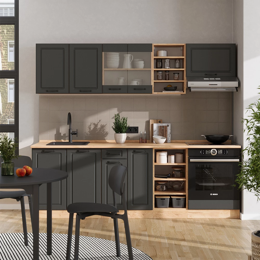 Vicco Kitchenette Casa de țară antracit / stejar auriu 240cm, AP Marmură, R-Line