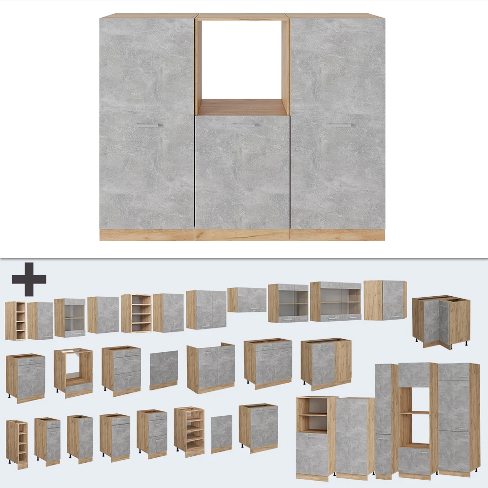 Nahaufnahme von Küchenblock in Beton/Goldkraft Eiche, zeigt Design- und Oberflächendetails