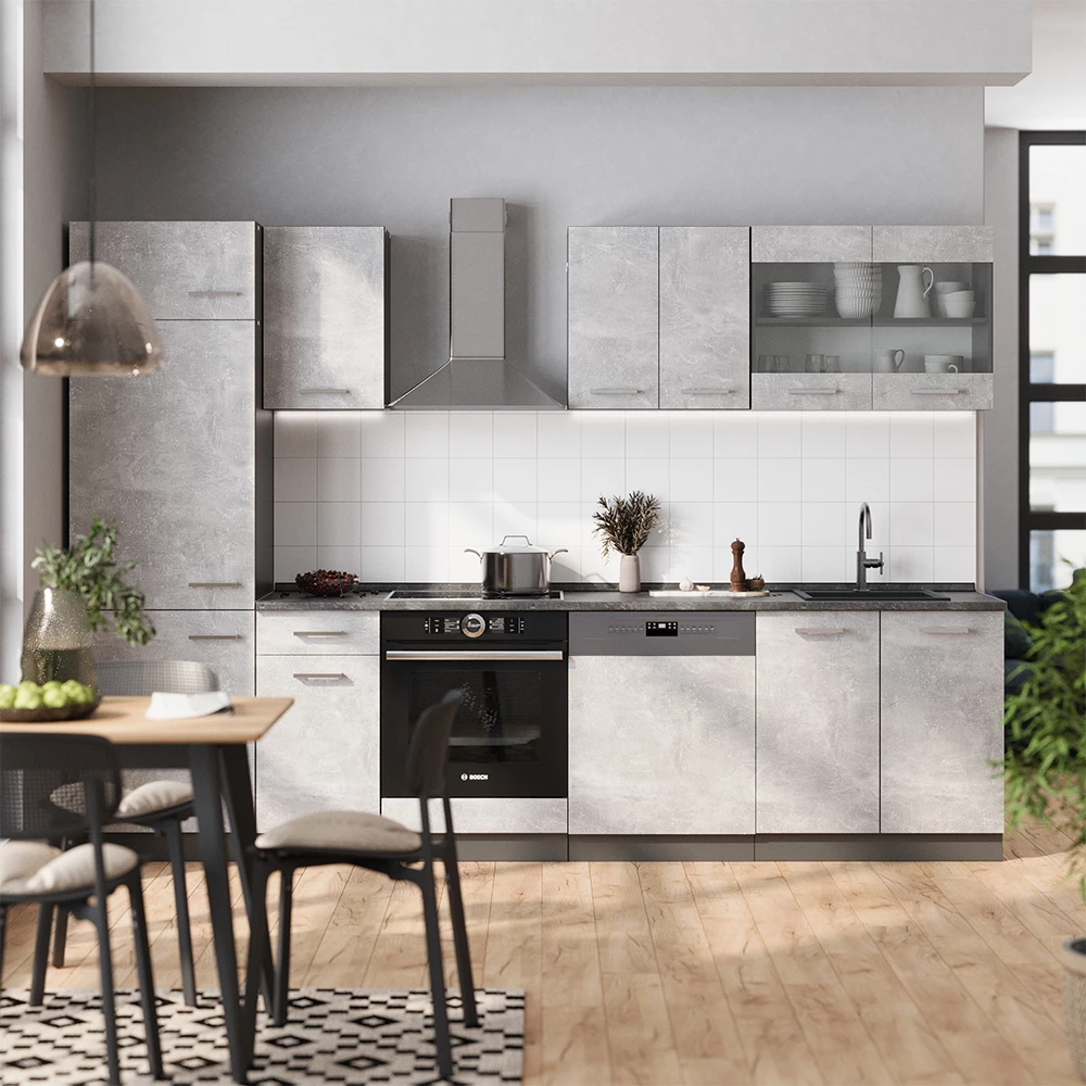 Kitchenette in Beton/Anthrazit on white background