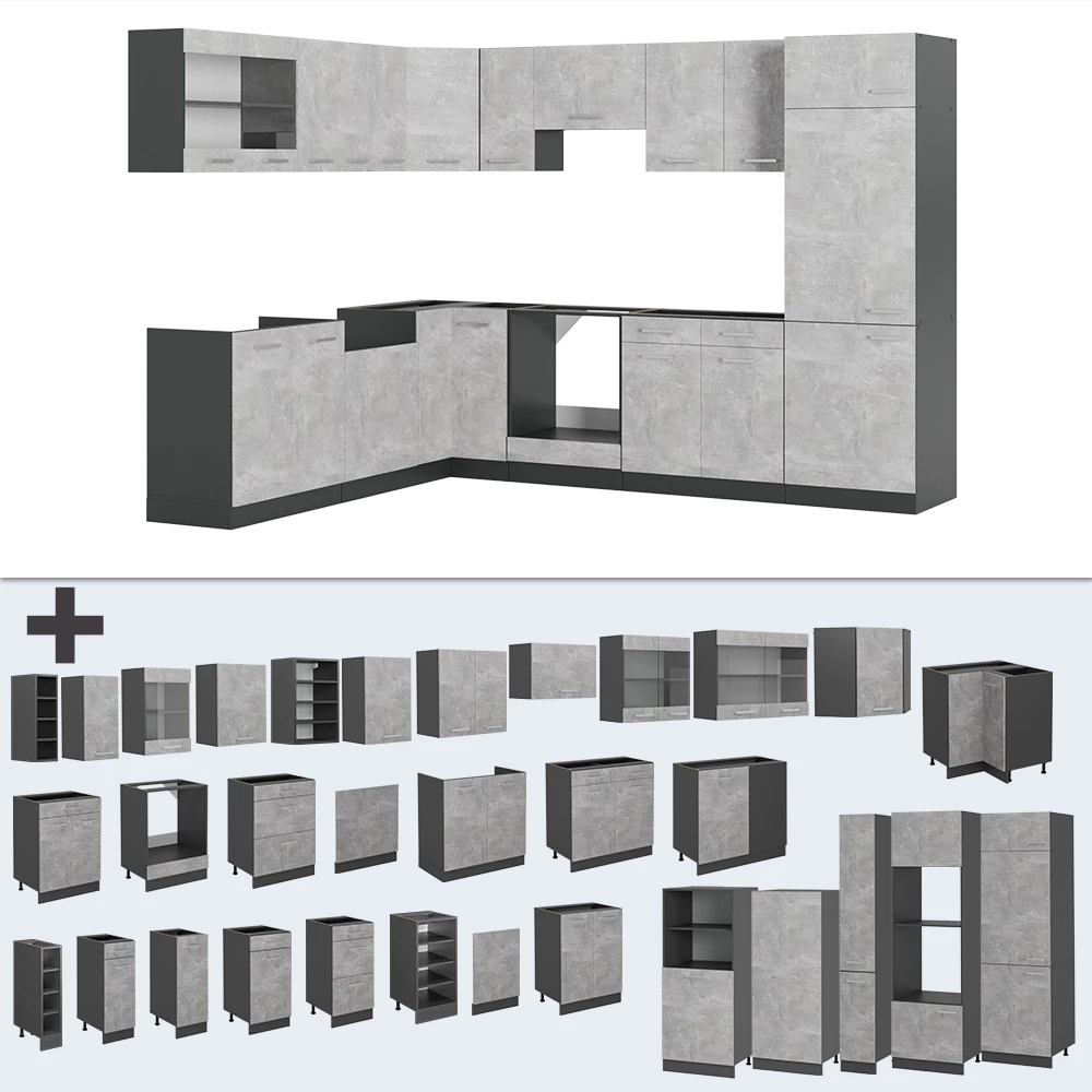 Nahaufnahme von Eckküche in Beton/Anthrazit, zeigt Design- und Oberflächendetails