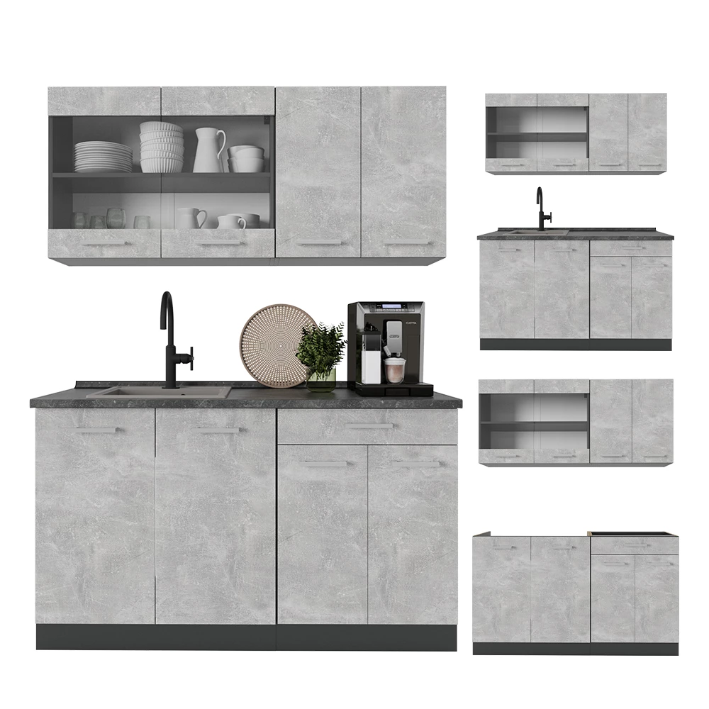 Eenpersoonskeuken in Beton on white background with decorative elements