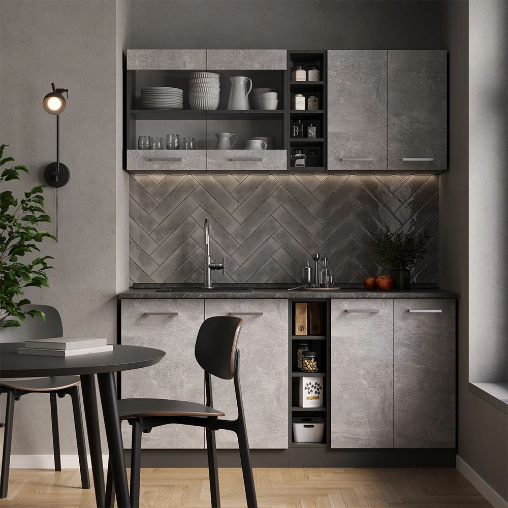 Jednotková kuchyně v barvě Beton/antracit na bílém pozadí