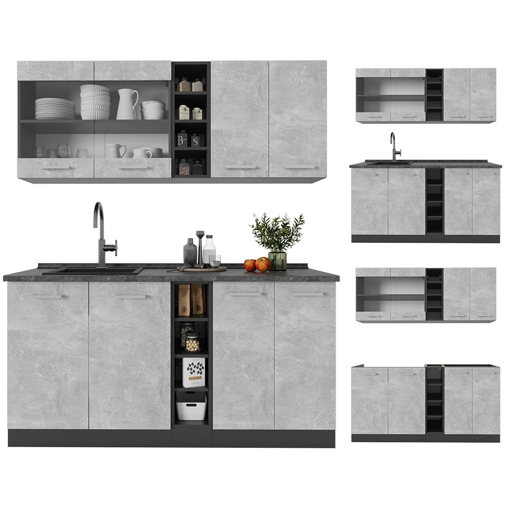 Eenpersoonskeuken in Beton/antraciet on white background with decorative elements