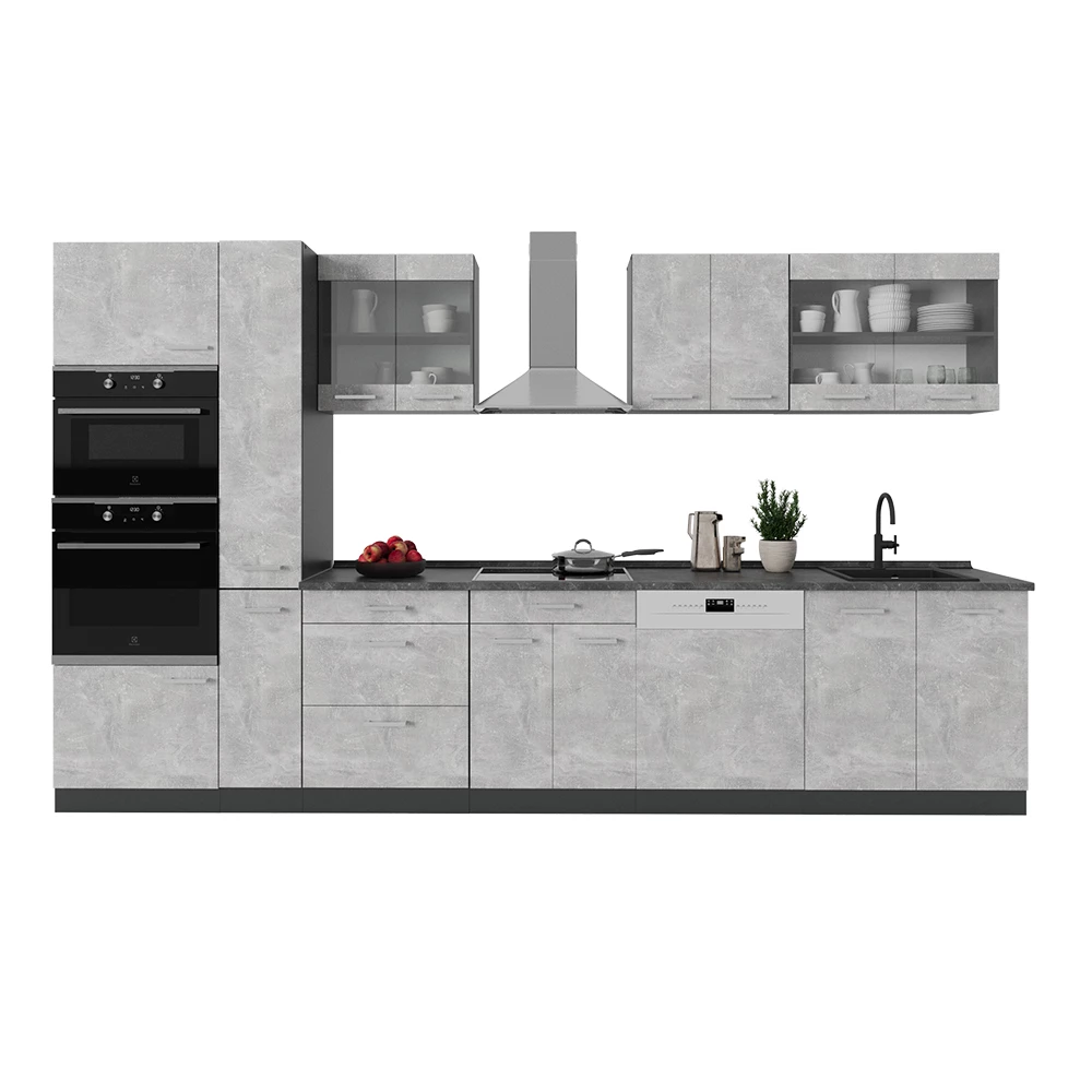Complete keukeneenheid in Beton/antraciet on white background with decorative elements