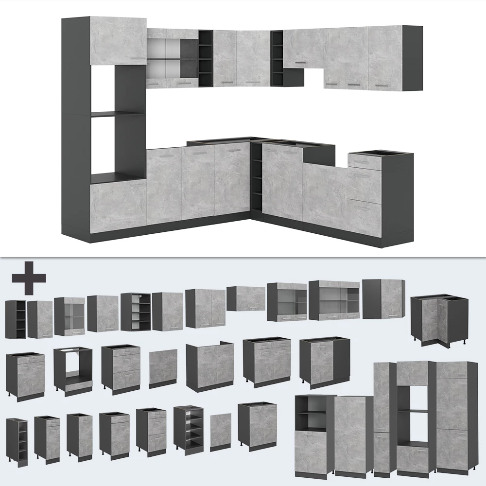 Nahaufnahme von Eckküche in Beton, zeigt Design- und Oberflächendetails