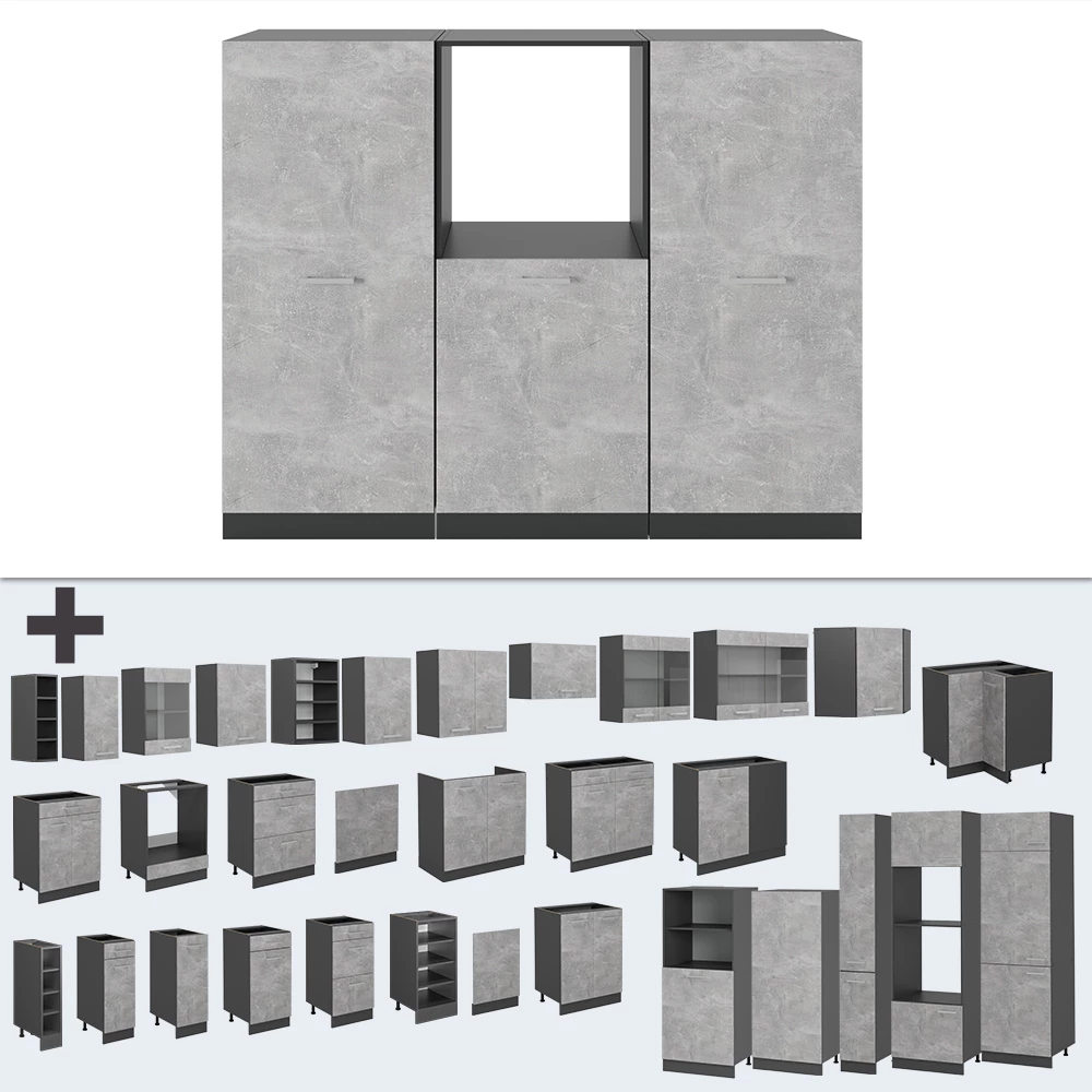 Nahaufnahme von Küchenblock in Beton/Anthrazit, zeigt Design- und Oberflächendetails
