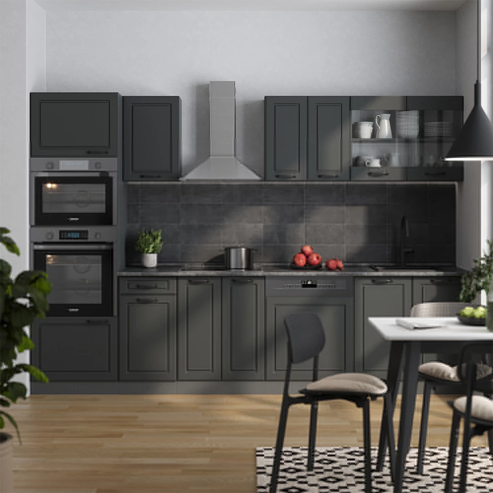 Vicco Kuchynský kút Antracitový vidiecky dom/antracit 300 cm s vysokou skrinkou, AP antracit, R-Line