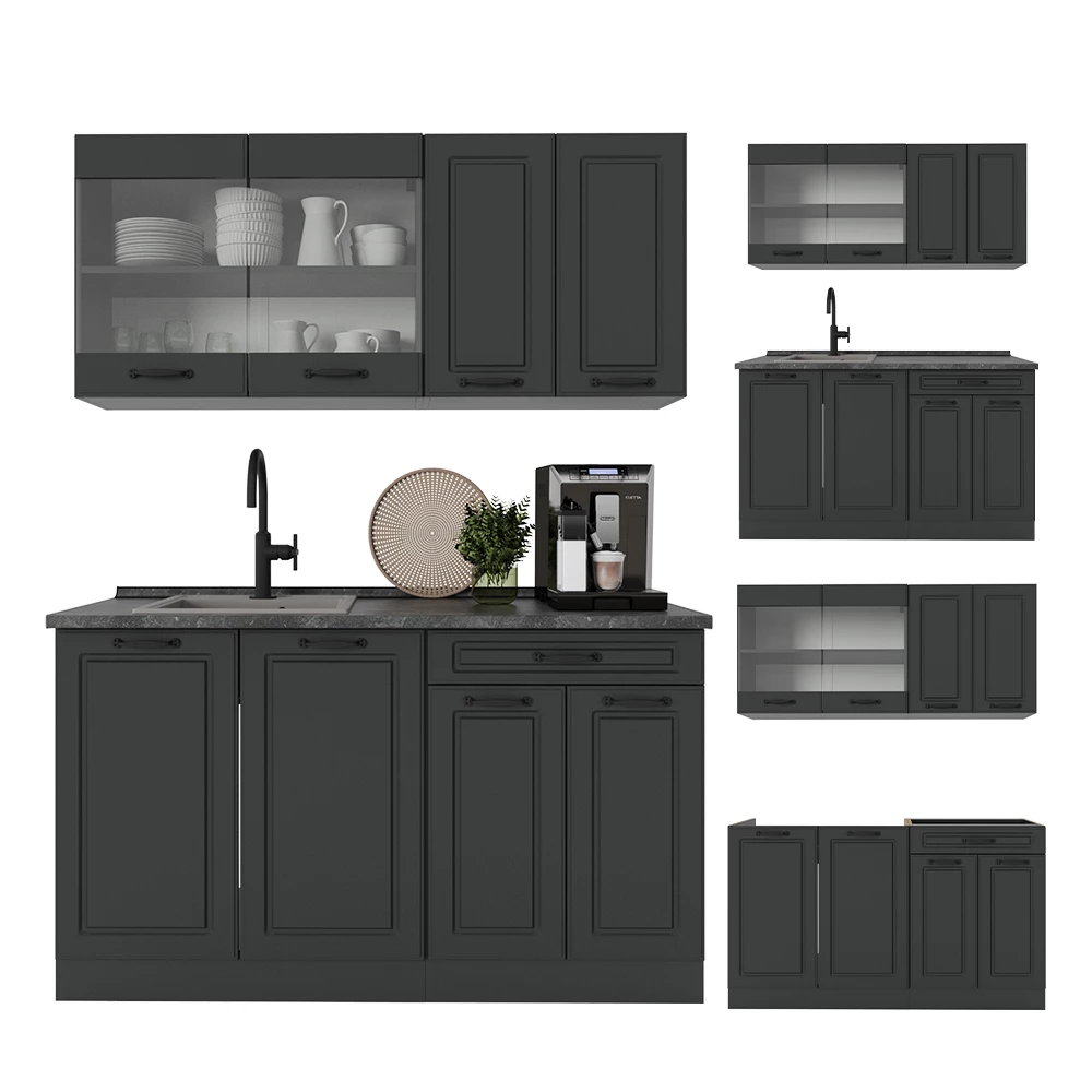 Cuisine en Anthracite campagne sur fond blanc avec des éléments décoratifs