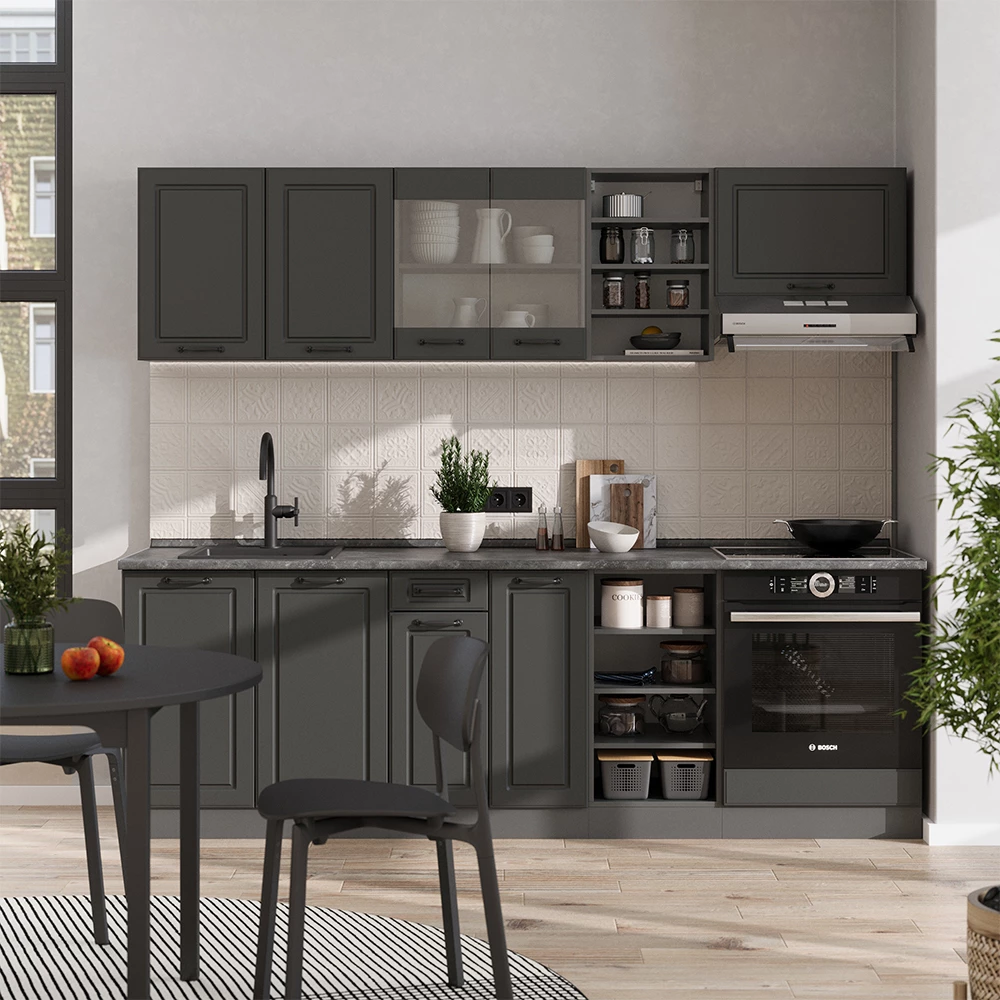 Vicco Kitchenette Casă de țară antracit/antracit 240cmfara blat, R-Line