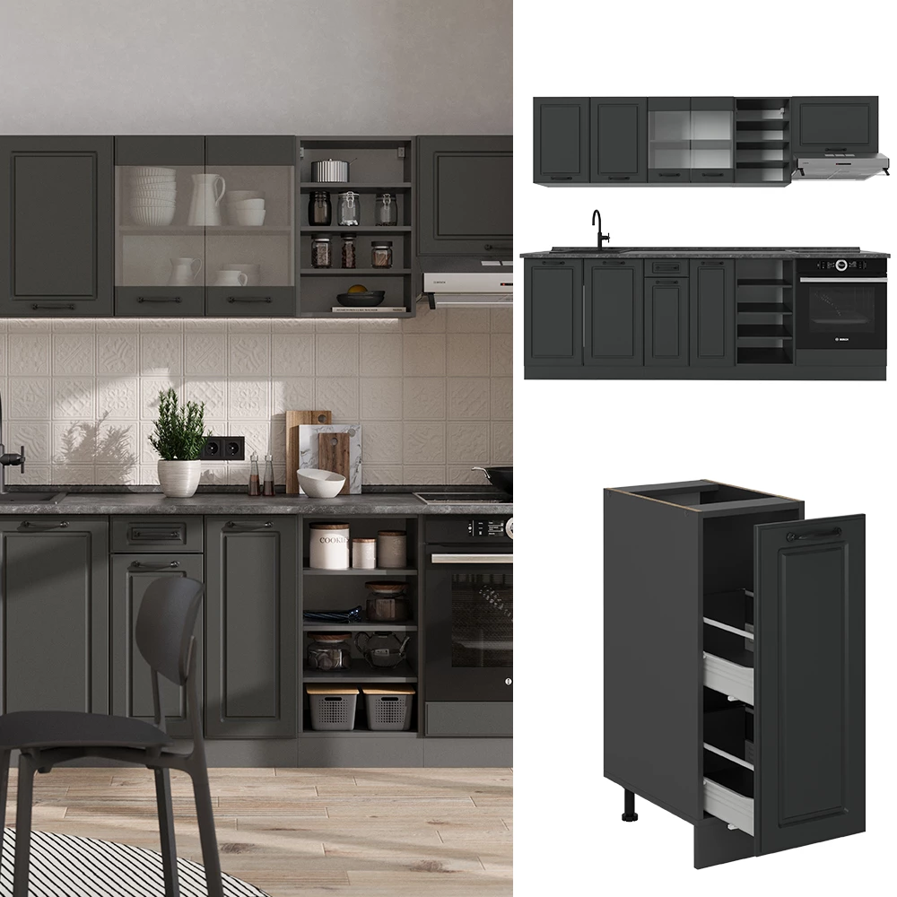 Complete keukeneenheid R-Line Antraciet landhuis/antraciet 240 cm , WB Marmer Vicco