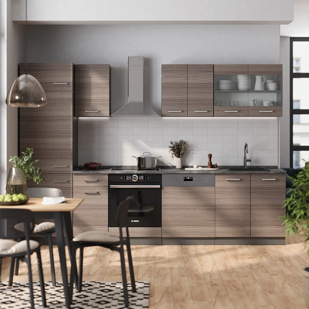 Konyhabútor Nemes szürke/antracit színben fehér háttéren