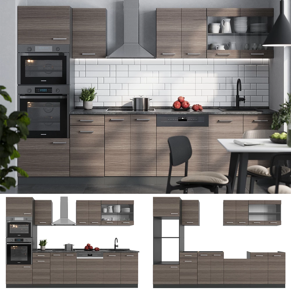 Complete keukeneenheid R-Line Edel grijs/antraciet 300 cm met hoge kast, zonder werkblad Vicco