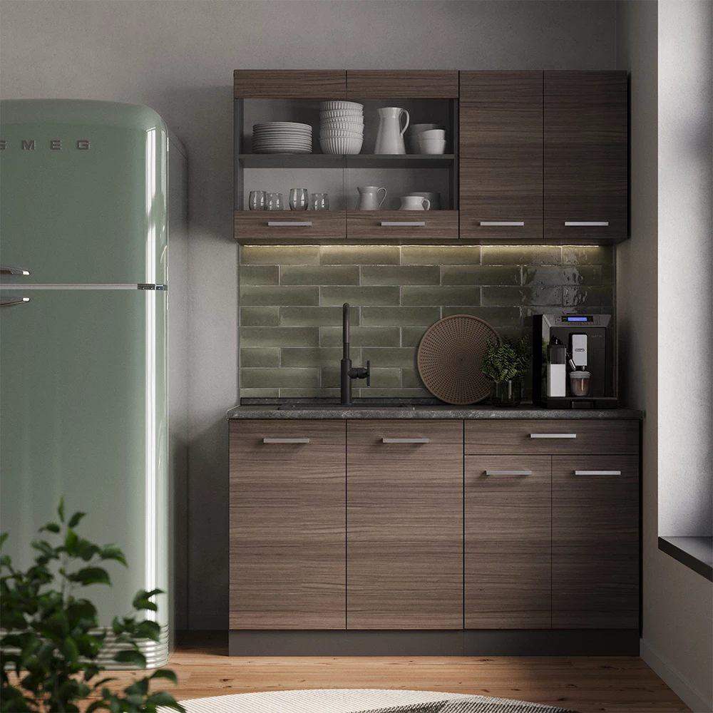 Jednokrevetna kuhinja u boji Edelgrau/Anthrazit na bijeloj pozadini