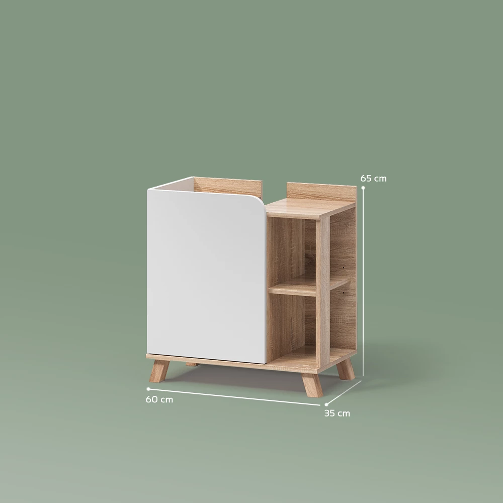 Waschbeckenunterschrank in Sonoma/Weiß auf weißem Hintergrund mit sichtbaren Maßen