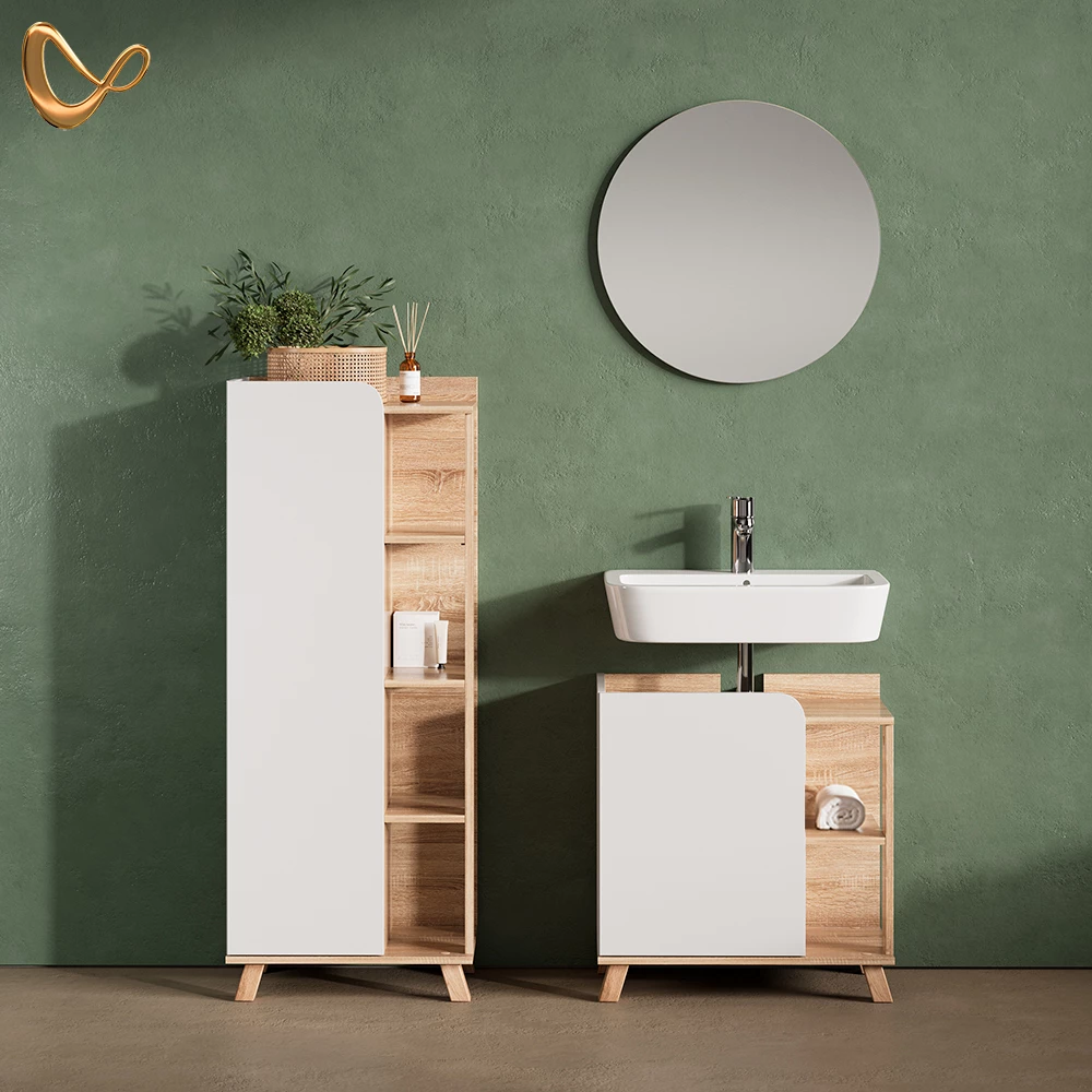 Badmöbel-Set in Sonoma/Weiß, dargestellt im Ambiente und auf weißem Hintergrund