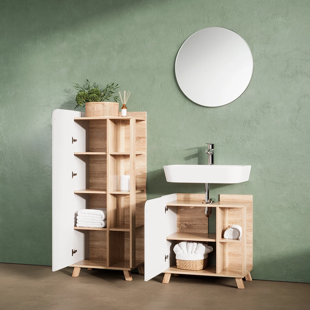 Nahaufnahme von Badmöbel-Set in Sonoma/Weiß, zeigt Textur/Details