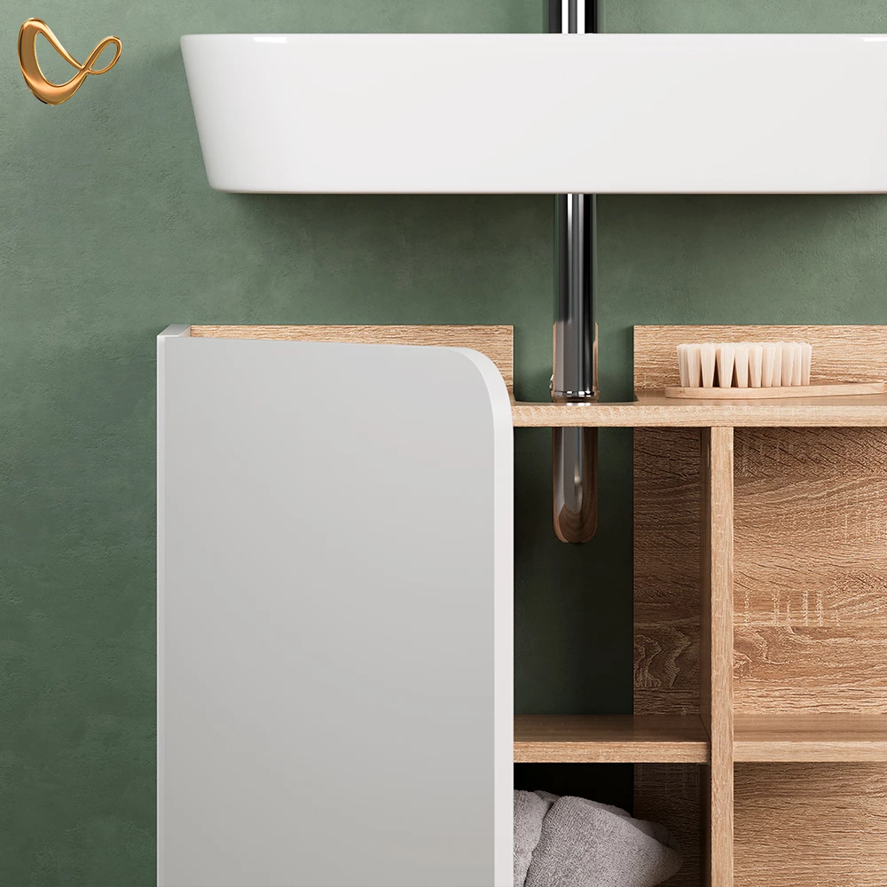 Nahaufnahme von Badmöbel-Set in Sonoma/Weiß, zeigt Design- und Oberflächendetails