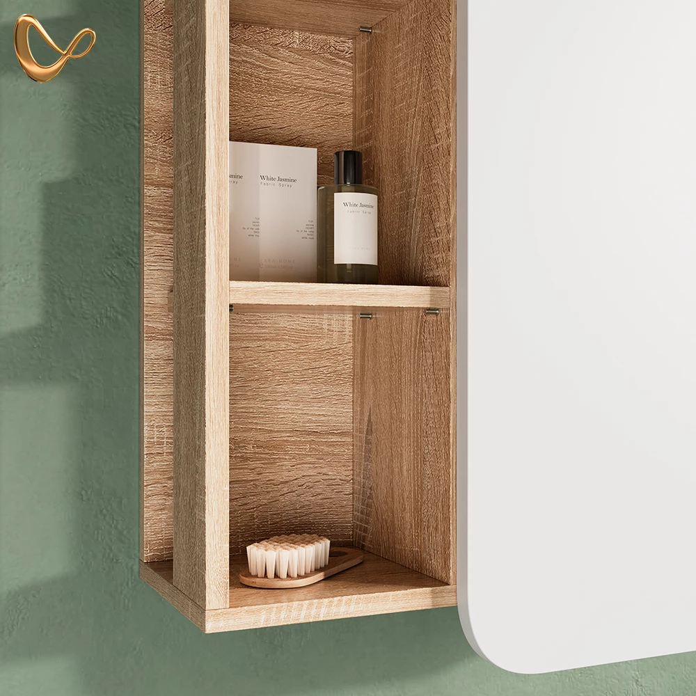 Nahaufnahme von Badschrank in Sonoma/Weiß, zeigt Design- und Oberflächendetails