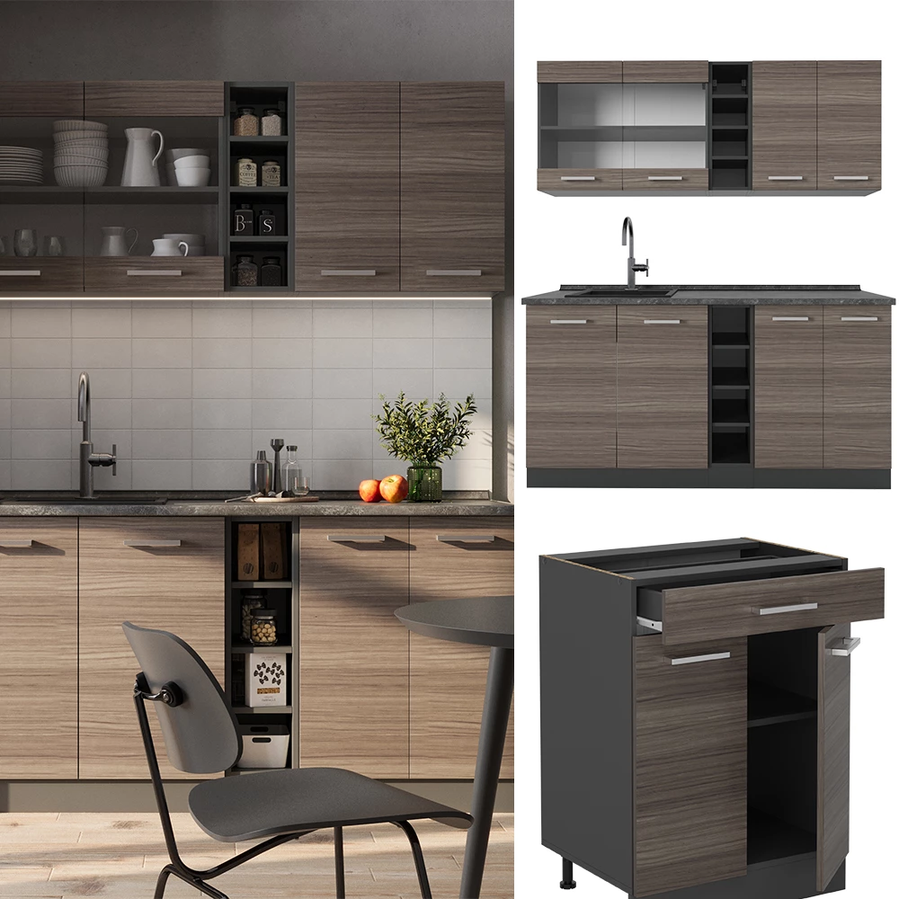 Eenpersoonskeuken R-Line Edel grijs/antraciet 160 cm zonder werkblad Vicco