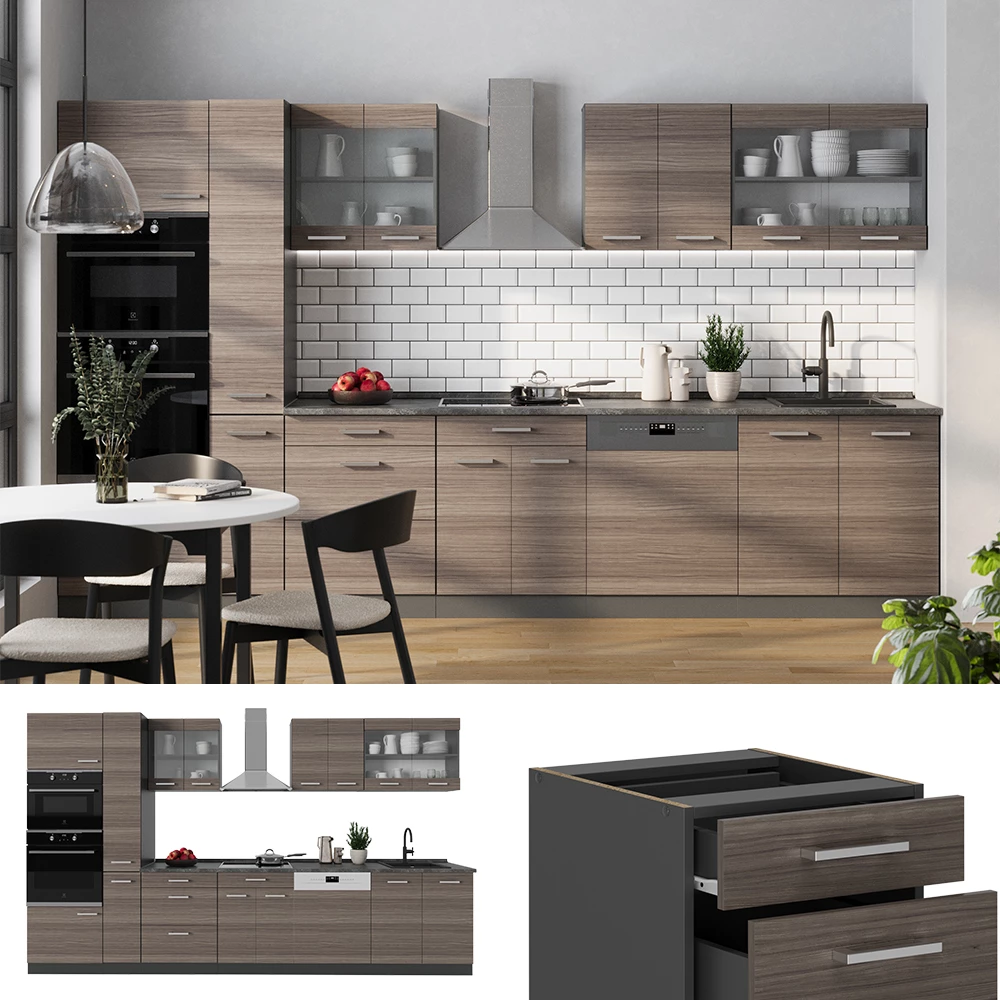 Complete keuken R-Line Edel grijs/antraciet 350 cm , WB Eik Vicco