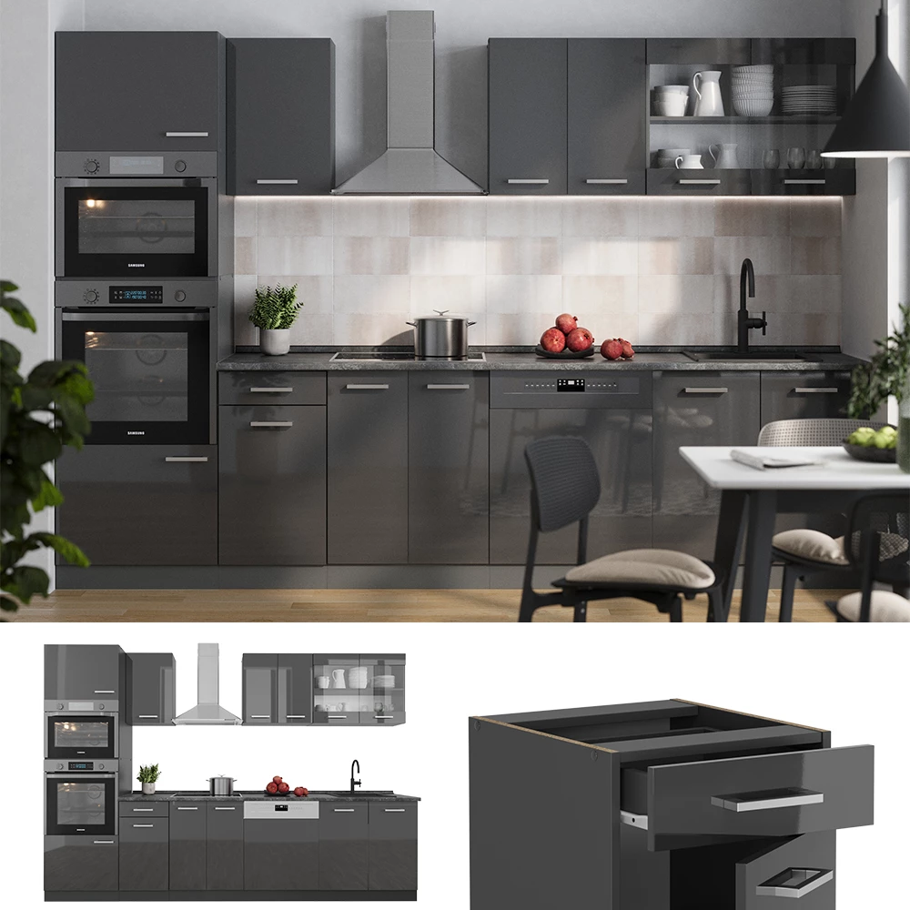 Complete keukeneenheid R-Line Antraciet hoogglans/antraciet 300 cm met hoge kast, WB Marmer Vicco