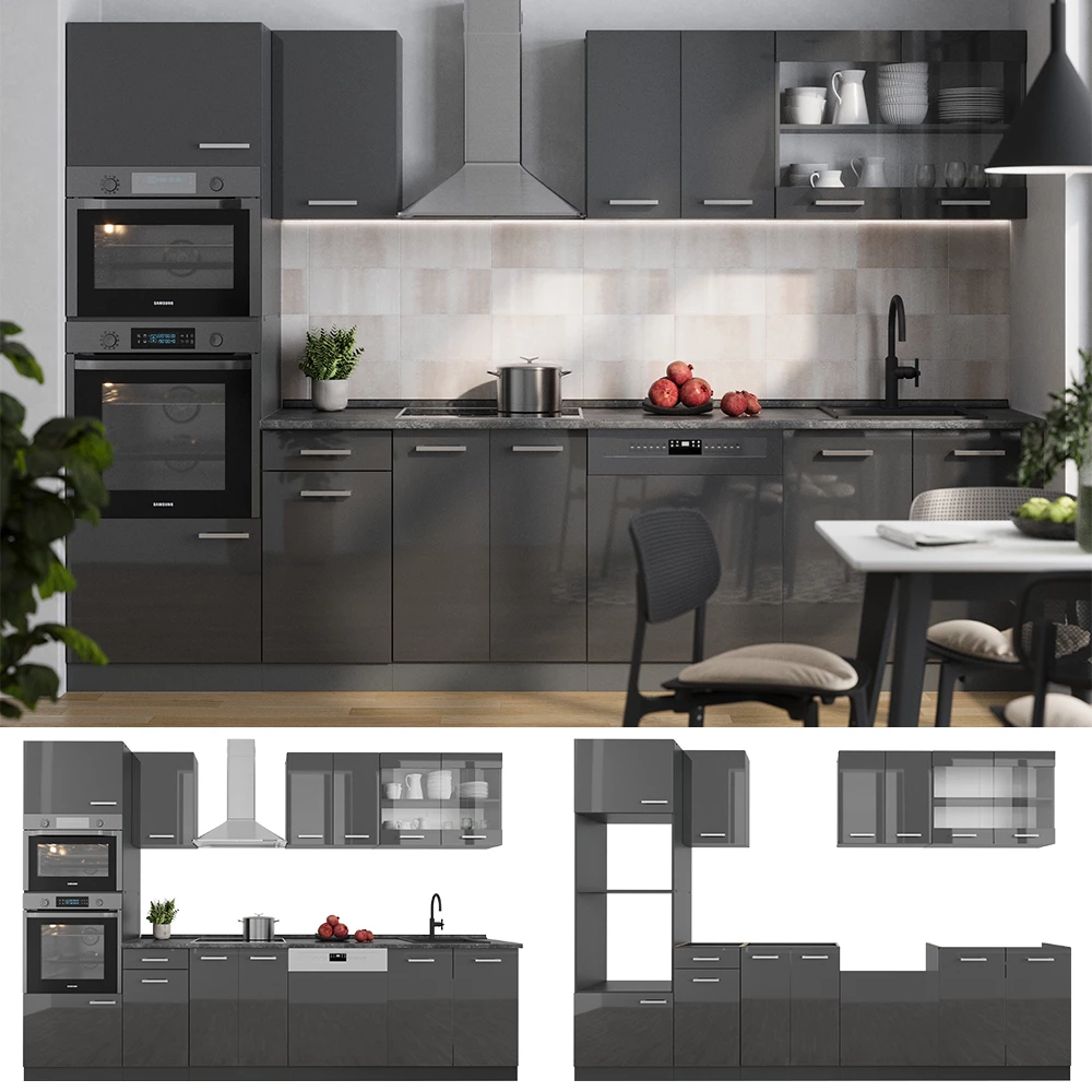 Complete keukeneenheid R-Line Antraciet hoogglans/antraciet 300 cm met hoge kast, zonder werkblad Vicco