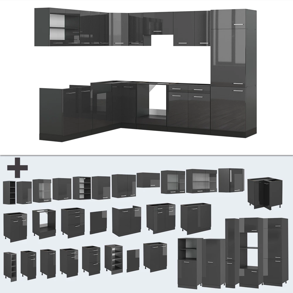 Gros plan de Cuisine en angle en Anthracite brillant/anthracite, montrant le design et les détails de surface