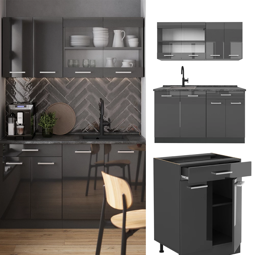 Vicco cuisine R-Line, Noir Haute brillance/Anthracite, 200 cm sans