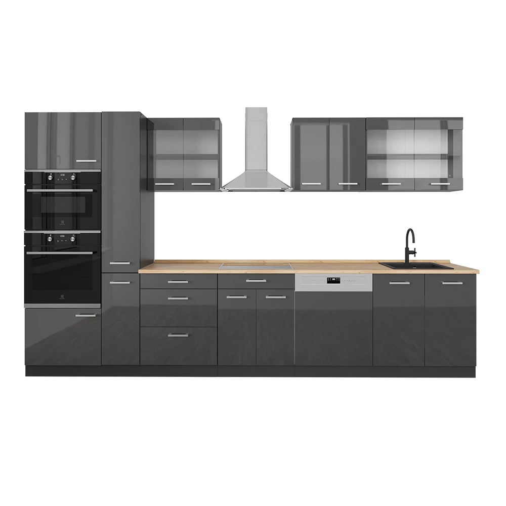 Complete keuken in Antraciet hoogglans/antraciet on white background
