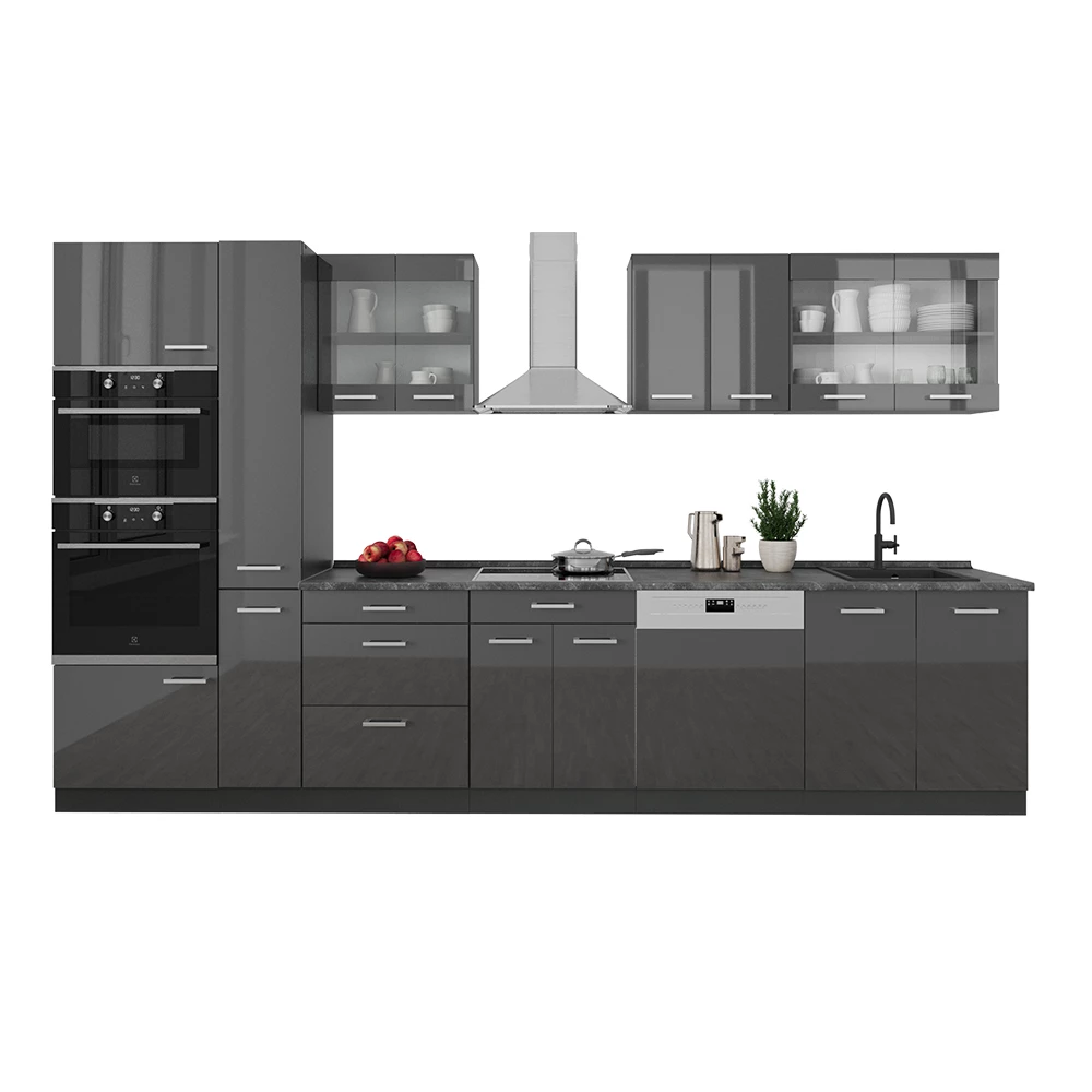 Keuken in Antraciet hoogglans/antraciet on white background with decorative elements