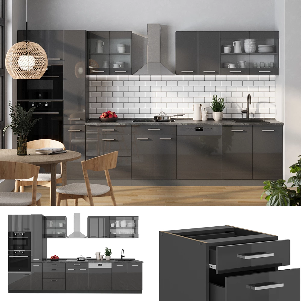Complete keuken R-Line Antraciet hoogglans/antraciet 350 cm , WB Antraciet Vicco