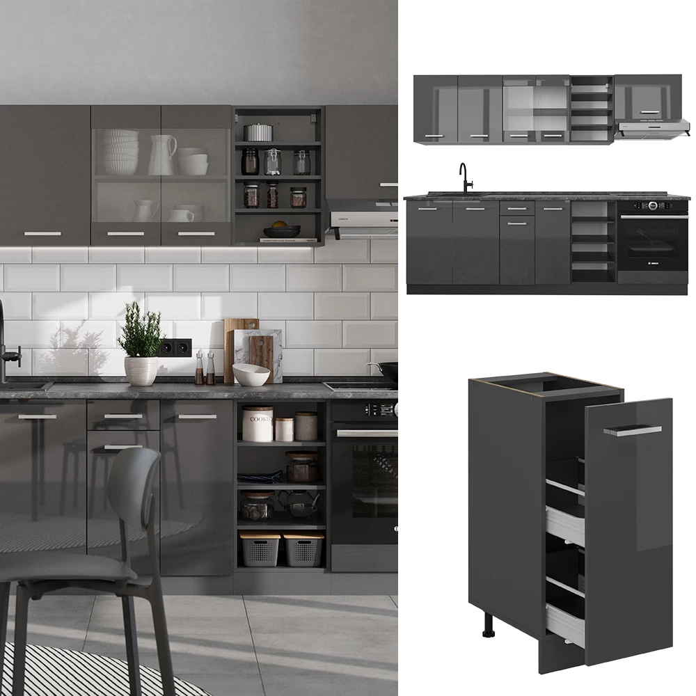 Complete keukeneenheid R-Line Antraciet hoogglans/antraciet 240 cm , WB Antraciet Vicco