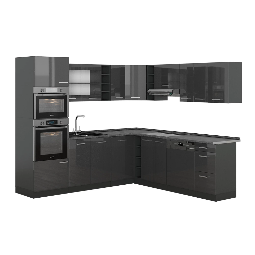 Eckküche in Anthrazit Hochglanz/Anthrazit auf weißem Hintergrund