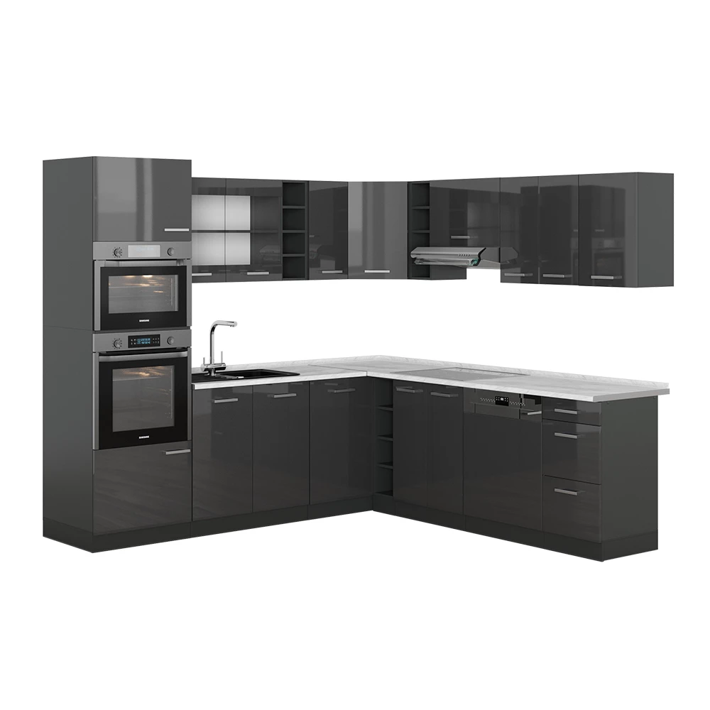 Cozinha de canto in Anthrazit Hochglanz/Anthrazit on white background