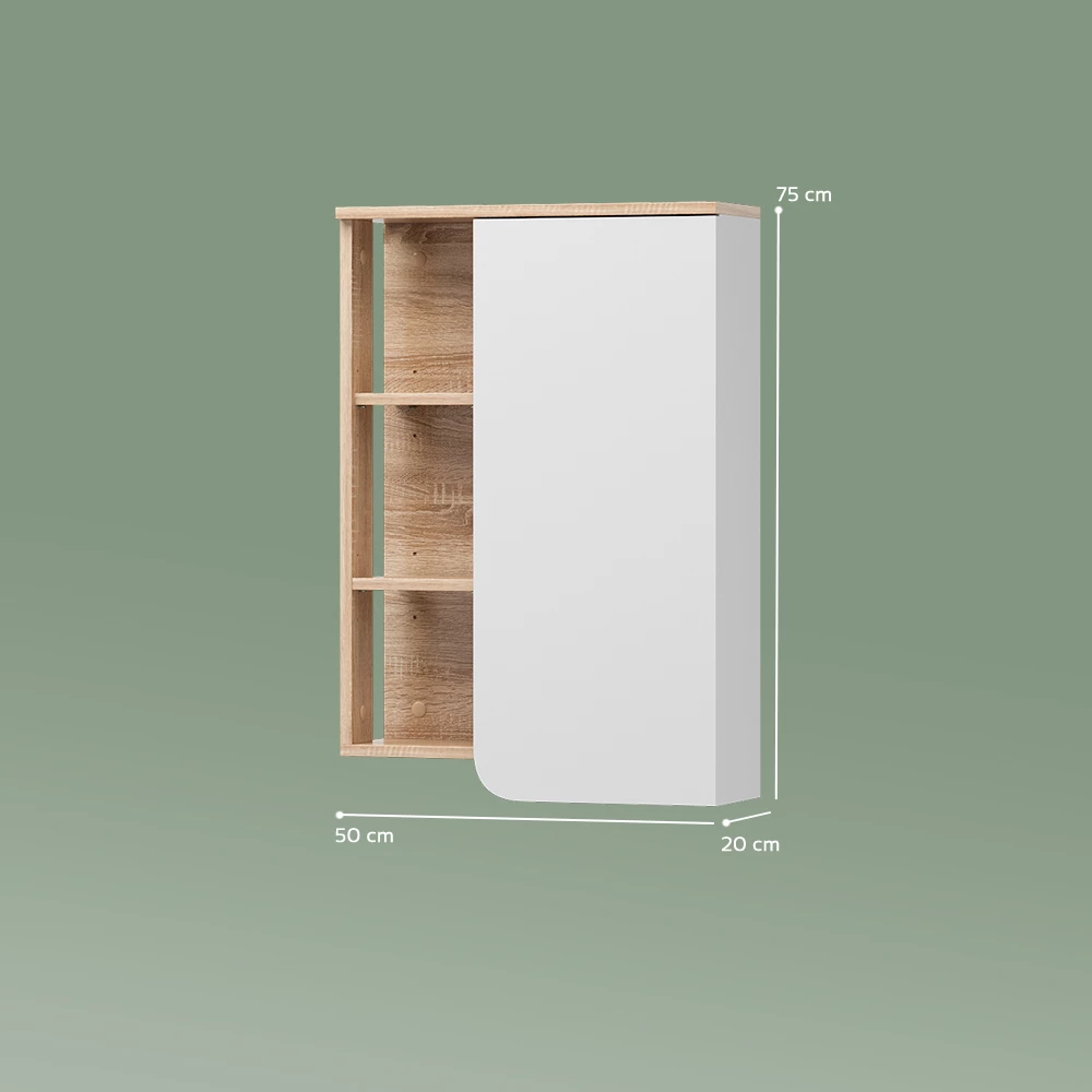 Badschrank in Sonoma/Weiß auf weißem Hintergrund mit sichtbaren Maßen