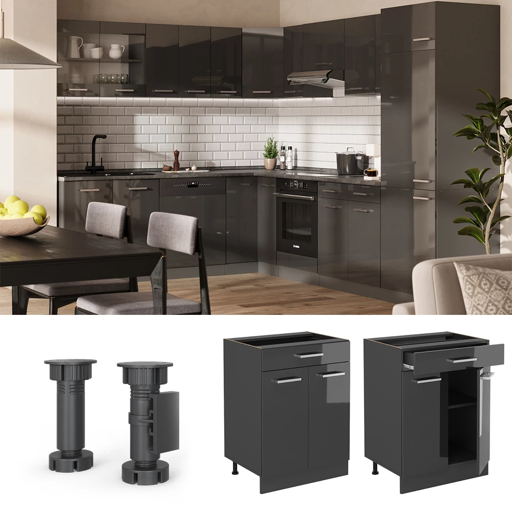 Keukenonderkast in Antraciet Hoogglans op een witte achtergrond